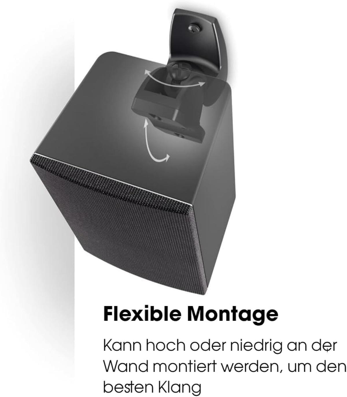 Ein schwarzer Lautsprecher mit flexibler Wandhalterung, die Winkeländerung anzeigt.