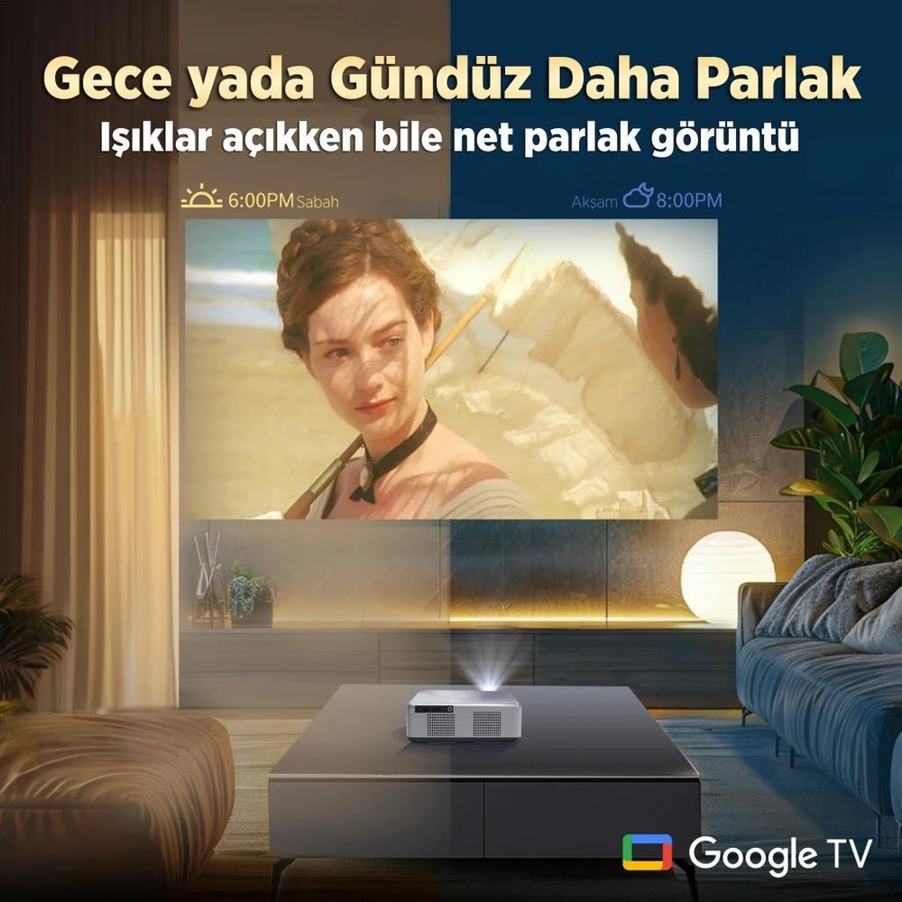 Projektör, plajda şemsiyeli bir kadının görüntüsünü yansıtıyor.