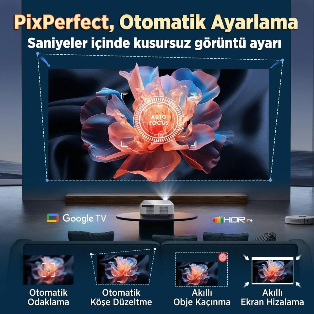 Projektör, otomatik odaklama özelliğine sahip ekrana parlak bir çiçek görüntüsü yansıtır.