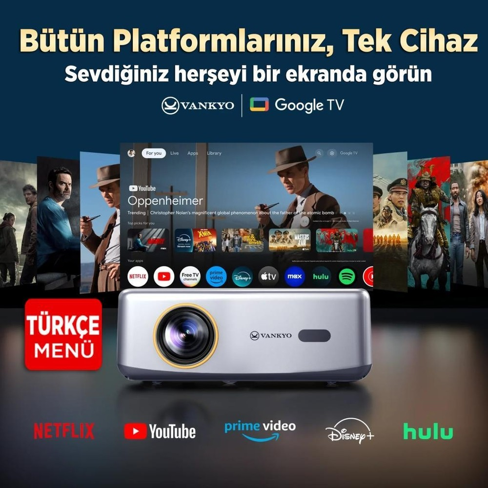 Bir VANKYO projektör, çeşitli uygulama logolarıyla Google TV ana ekranını gösterir.