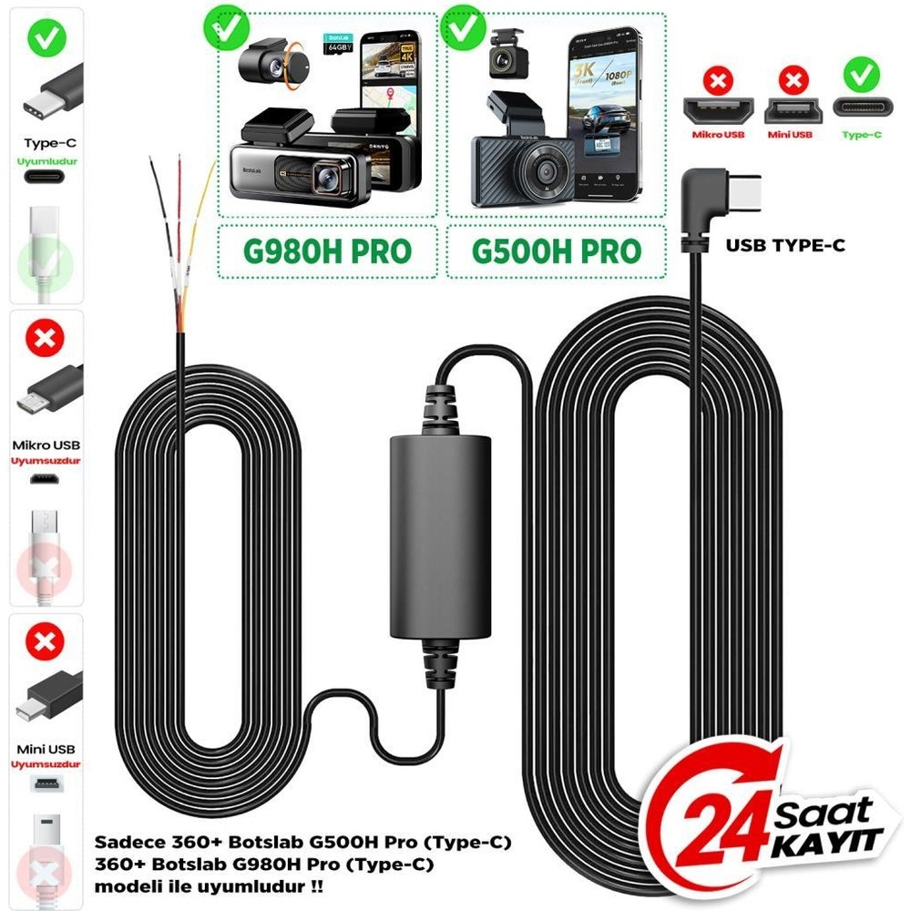 USB-C konnektörlü siyah kablo seti, G980H PRO ve G500H PRO araç kameraları ile uyumlu.