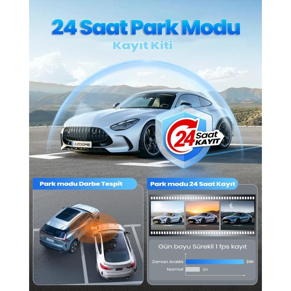 Gümüş renkli bir araba park etmiş durumda, park modu özellikleri ve hızlandırılmış çekim grafiklerini gösteriyor.