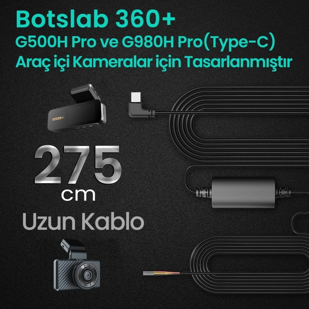 Botslab 360+ araç kamerası aksesuarı: 275cm uzun kablo, konnektör ve kamera.