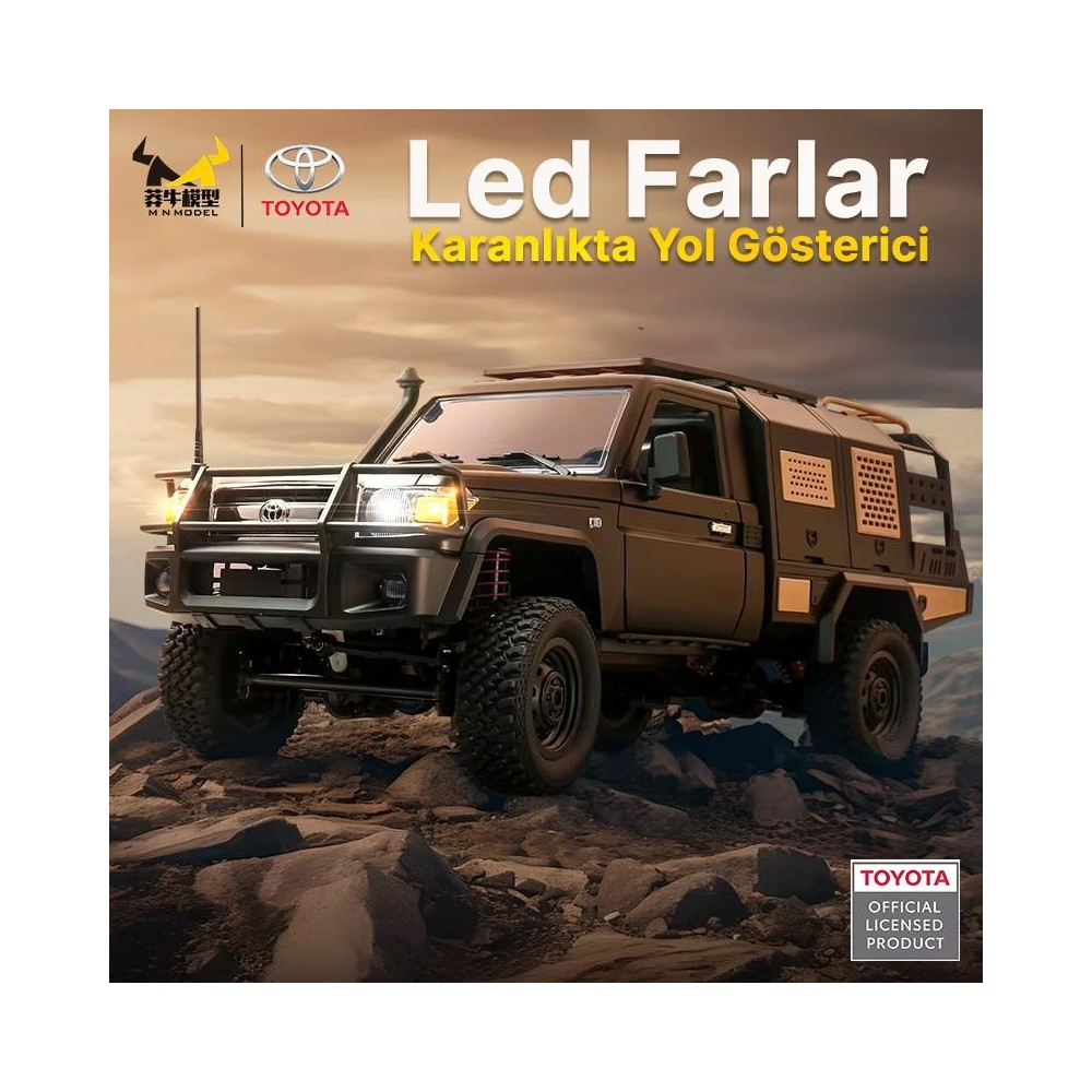 Kayalık arazide LED farları olan kahverengi Toyota arazi aracı.
