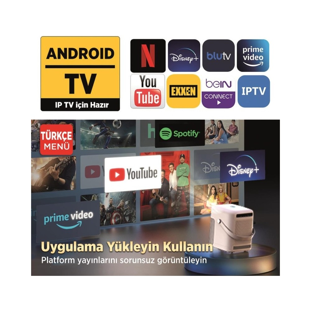Android TV ve Netflix, YouTube, Disney+, Prime Video gibi uygulamaların logoları.
