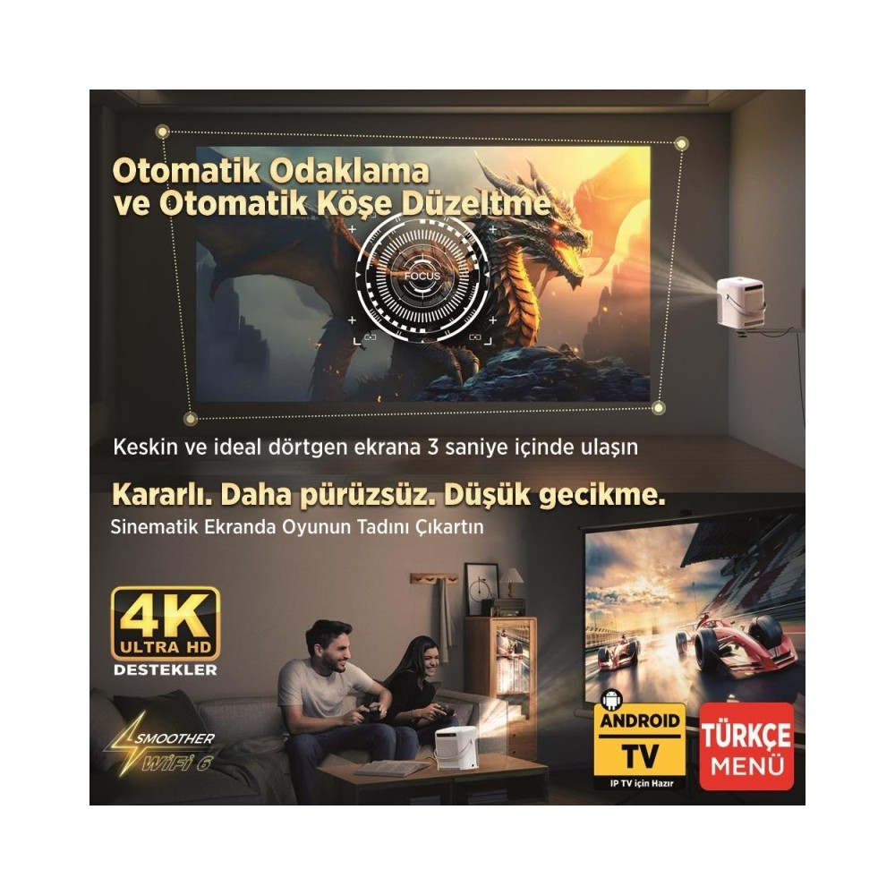 Bir projektör ekranda ejderha filmi gösteriyor. Altta iki kişi video oyunu oynuyor.