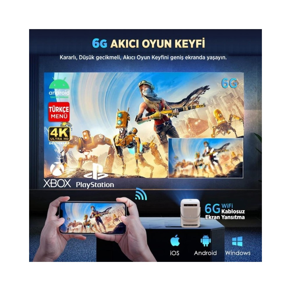 Android, 4K, Xbox, PlayStation, iOS, Android, Windows ile 6G oyun reklamı.