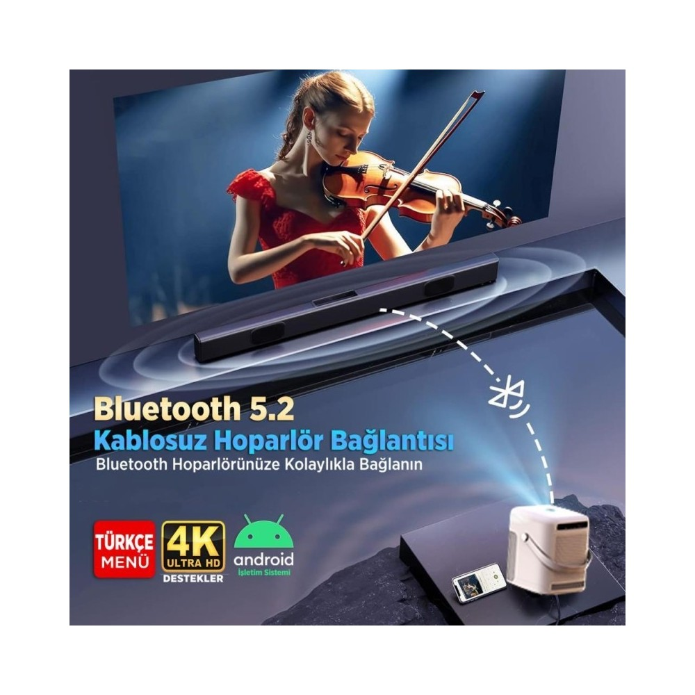 Keman çalan kadın; hoparlör ve telefon gösteriliyor. Bluetooth 5.2.