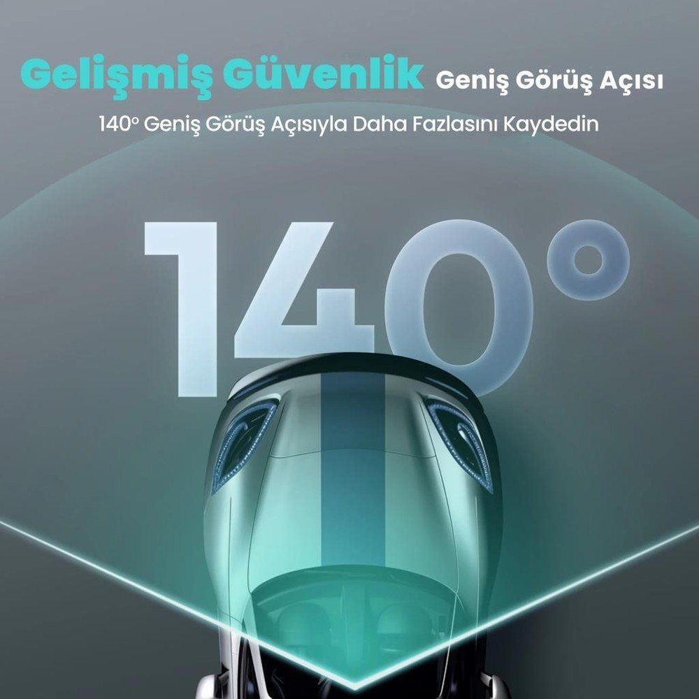140 derecelik görüş alanına sahip araba, mavi çizgilerle vurgulanmış.