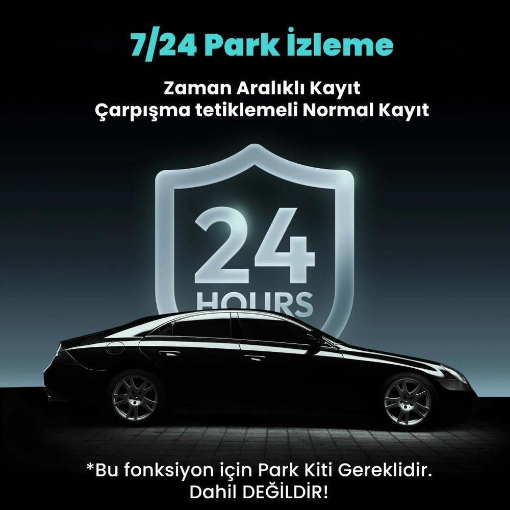 Park gözetimi yazılı "24 SAAT" kalkanı önünde siyah araba.