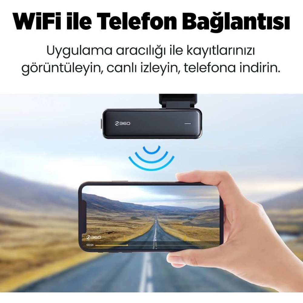 Akıllı telefon, yolun araç kamerası kaydını gösteriyor. WiFi simgesi.