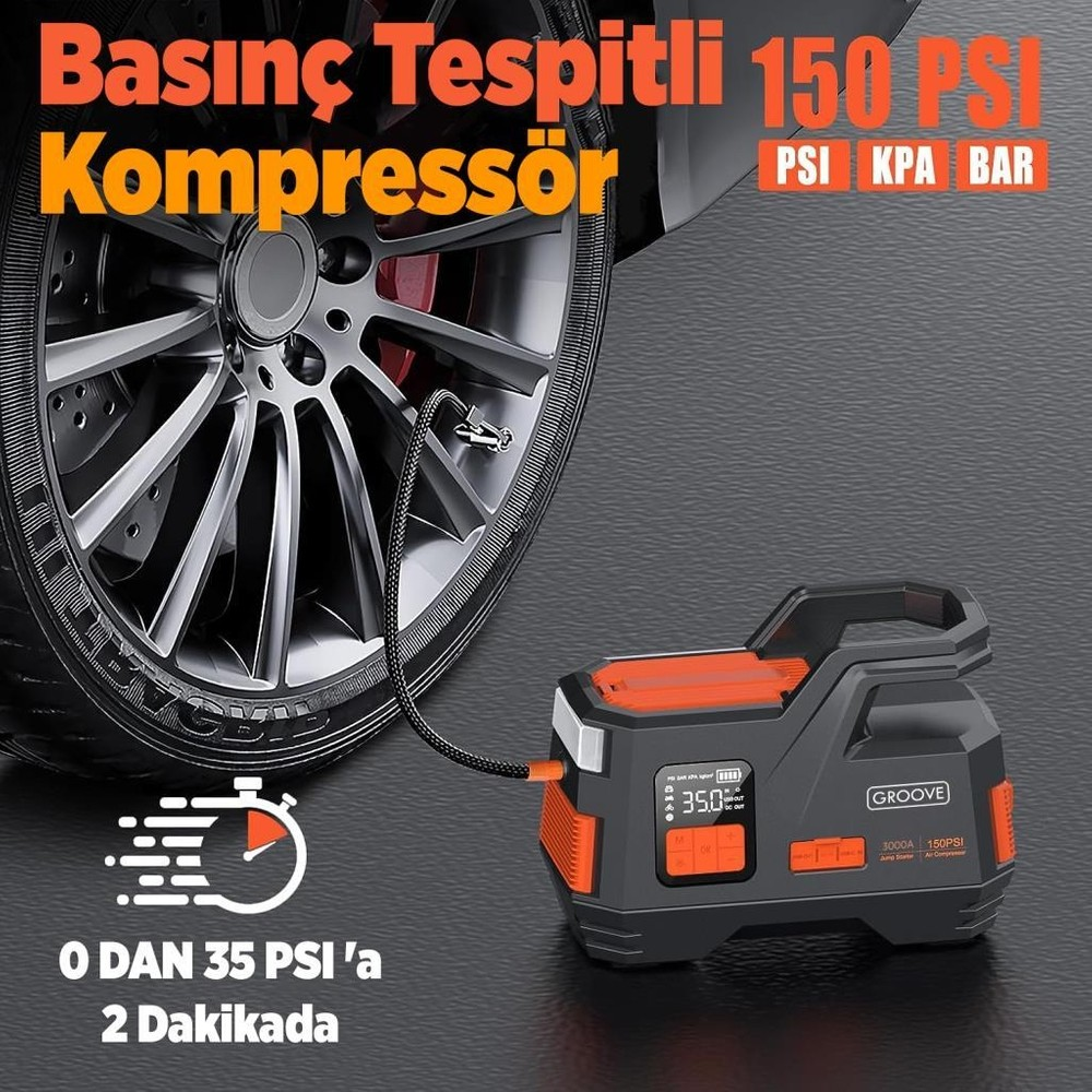 Taşınabilir kompresör, dijital ekran ve PSI birimleriyle otomobil lastiğini şişiriyor.