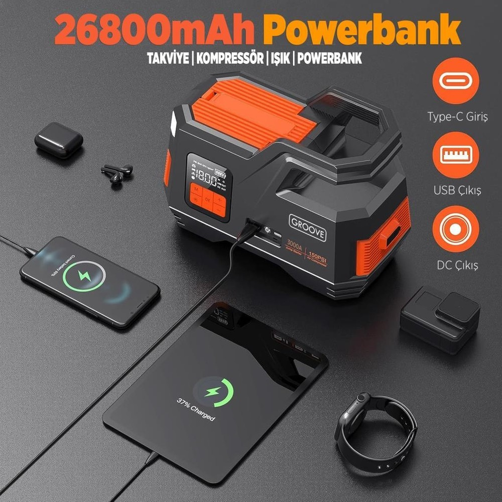 Şarj kabloları ve akıllı telefonlarla siyah ve turuncu powerbank cihazı.