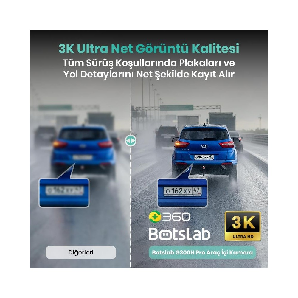 Islak yolda iki mavi araba, biri bulanık plaka, diğeri net.