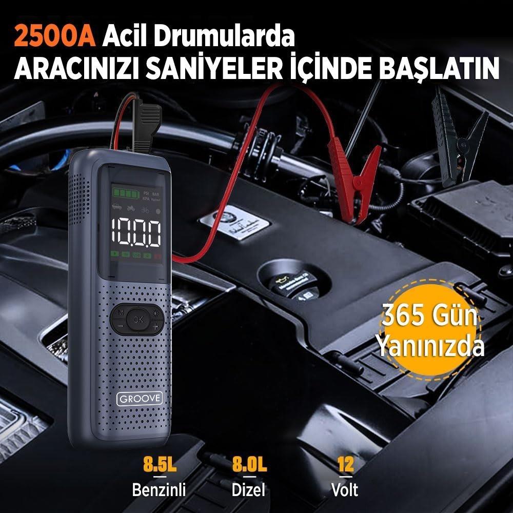 Araç motoruna bağlı kabloları ve kelepçeleri olan taşınabilir akü takviye cihazı.