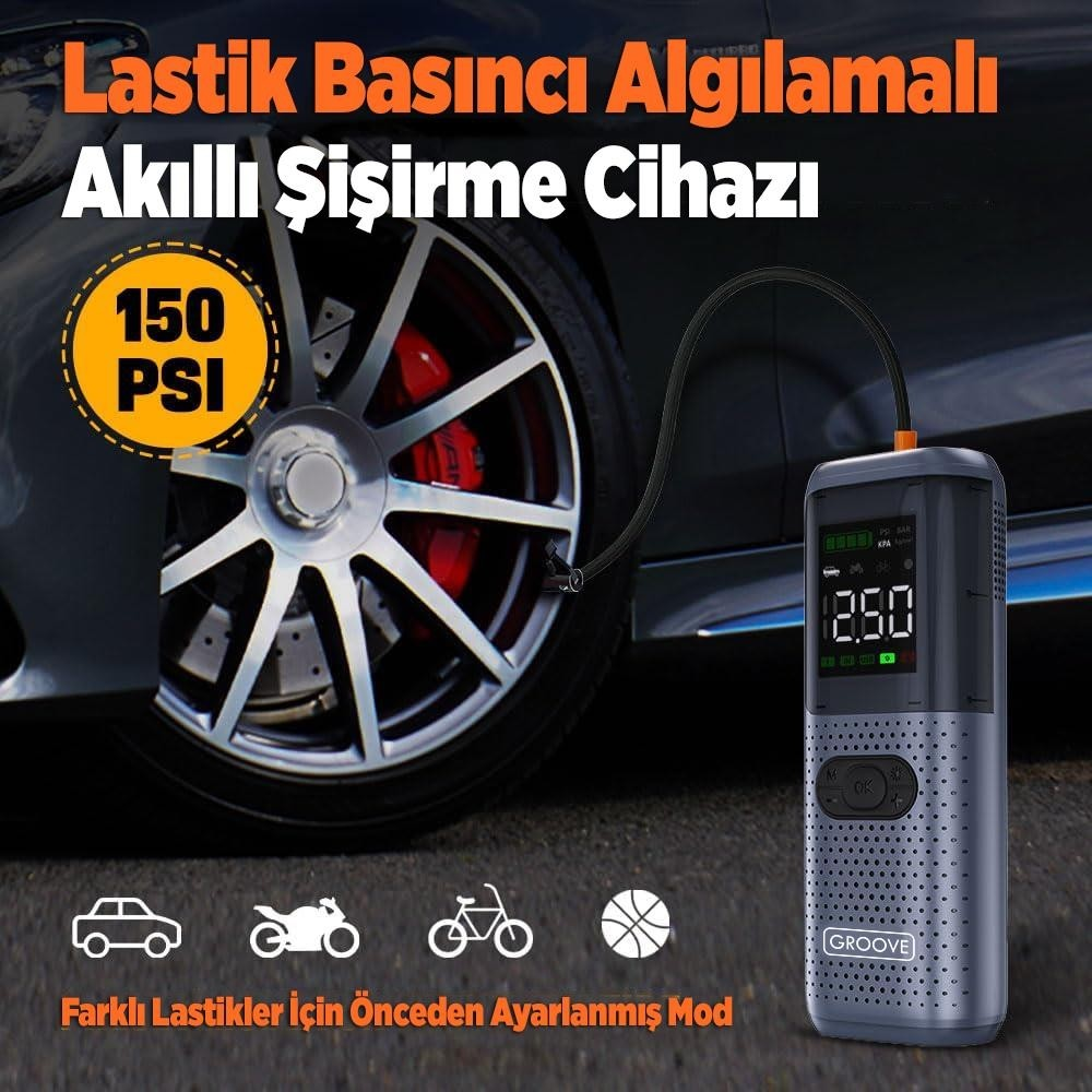 Dijital ekranlı, araba lastiğine bağlı taşınabilir hava kompresörü cihazı.