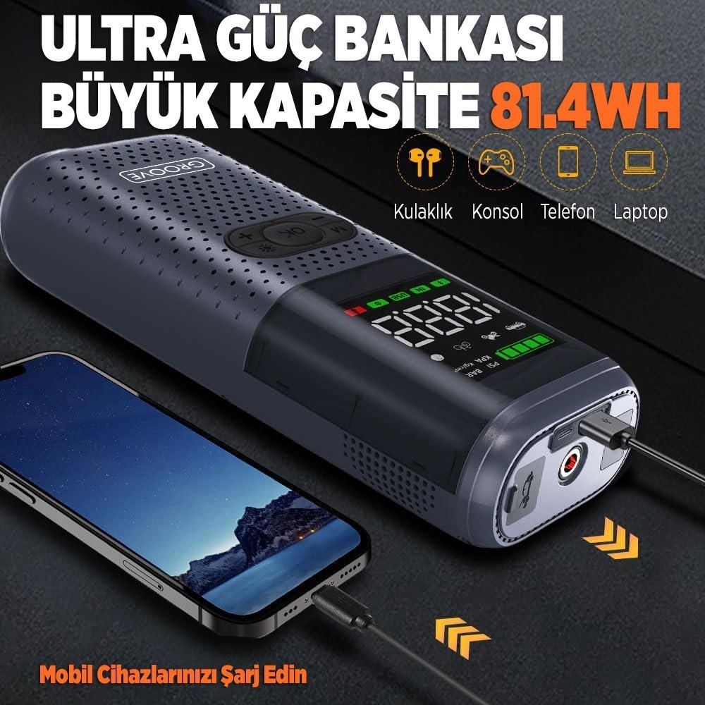 Dijital ekranlı koyu renk powerbank, akıllı telefon şarj ediyor.