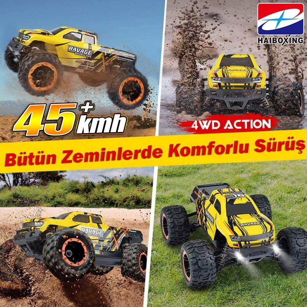 Sarı RC canavar kamyon toprak, çamur ve çim üzerinde. 45 km/s, 4WD.