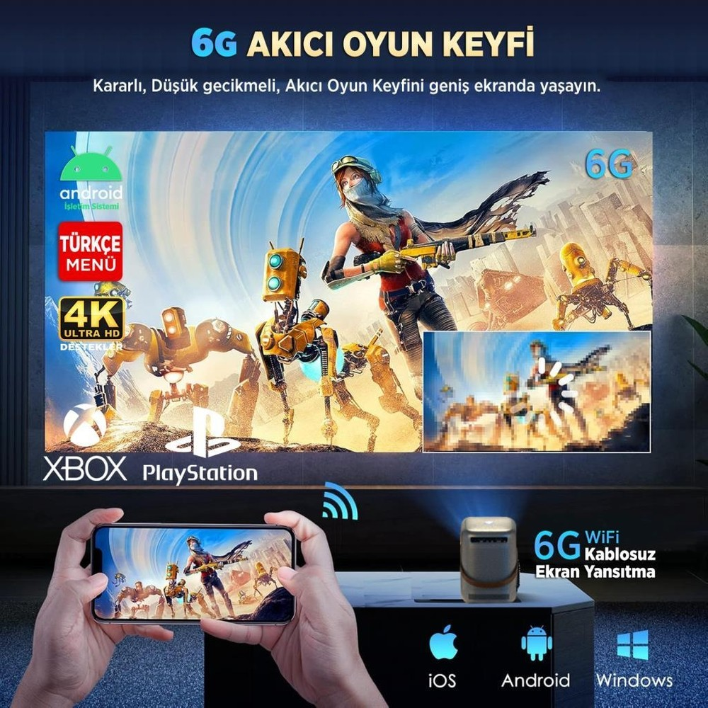 Bir telefon, Android, Xbox ve PlayStation ile uyumlu büyük ekrana oyun yansıtıyor.