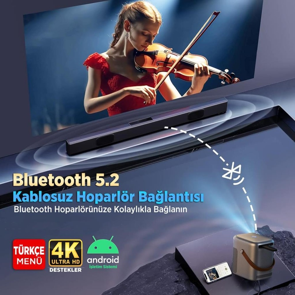 Kadın keman çalıyor, projeksiyonlu görüntüde projektör ve akıllı telefon. Bluetooth 5.2 vurgulanıyor.