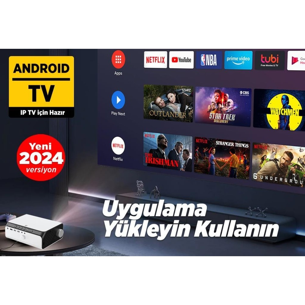 Netflix, YouTube, Star Trek gibi uygulamalara sahip Android TV arayüzü. Ön planda projektör.