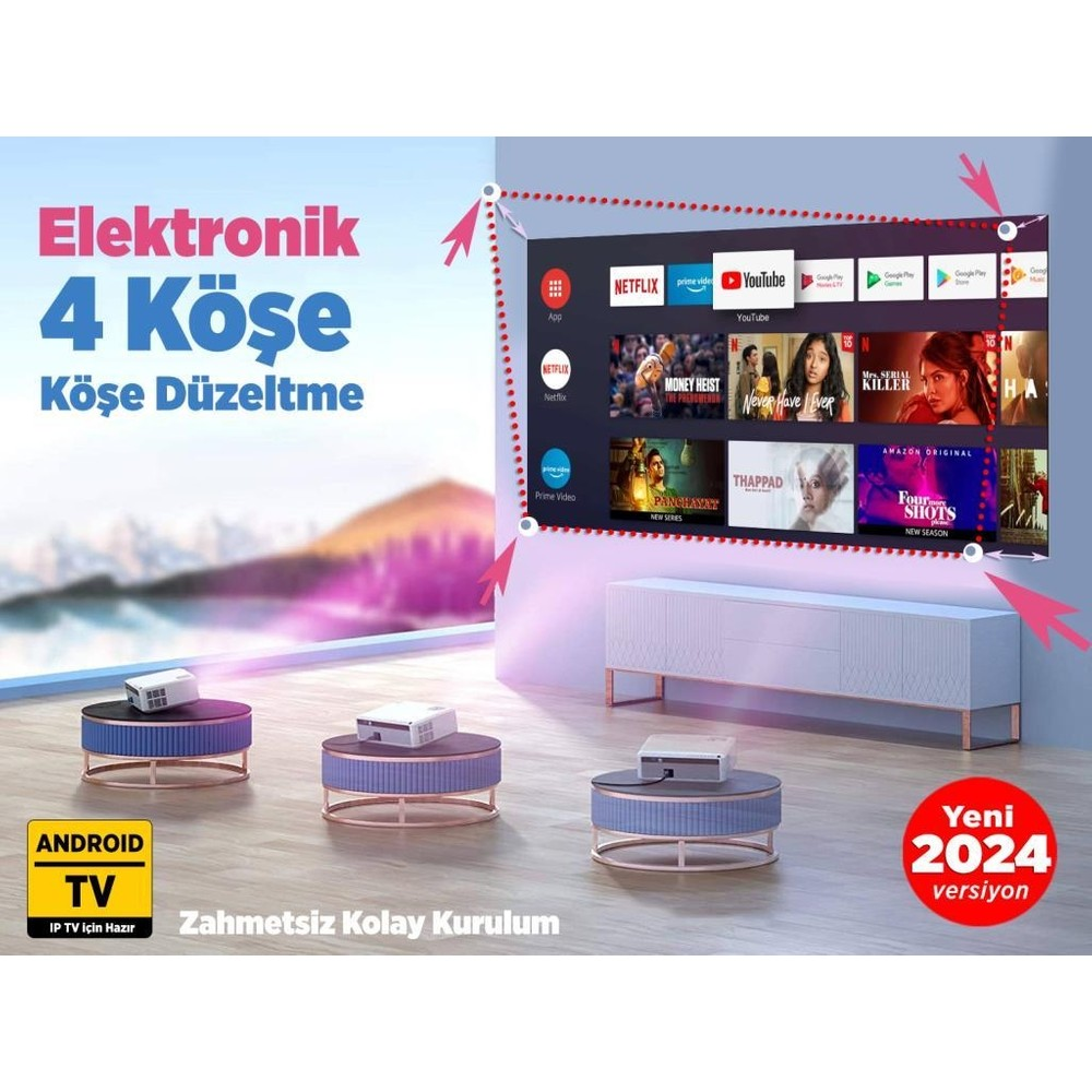Netflix gibi uygulamaları gösteren büyük bir duvara monte TV'li modern oturma odası.