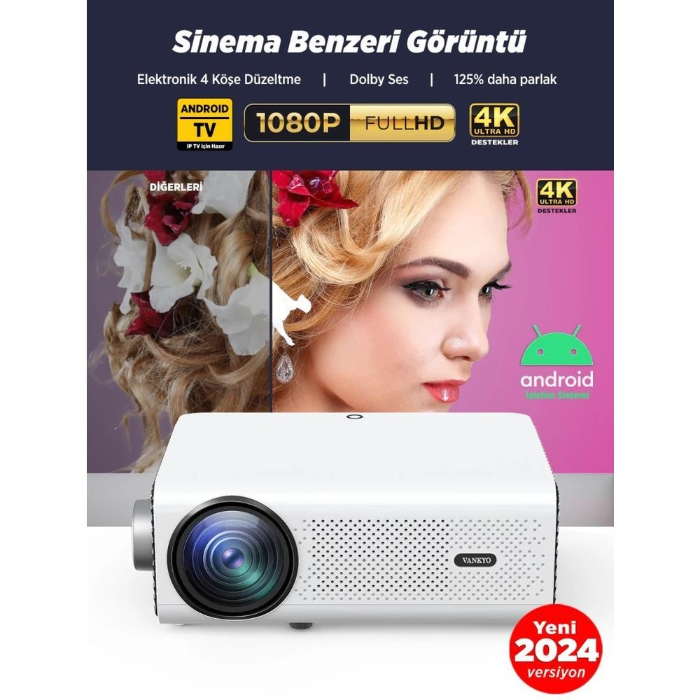 Beyaz bir projektör, bir kadının görüntüsü ve teknik özellikler içerir.