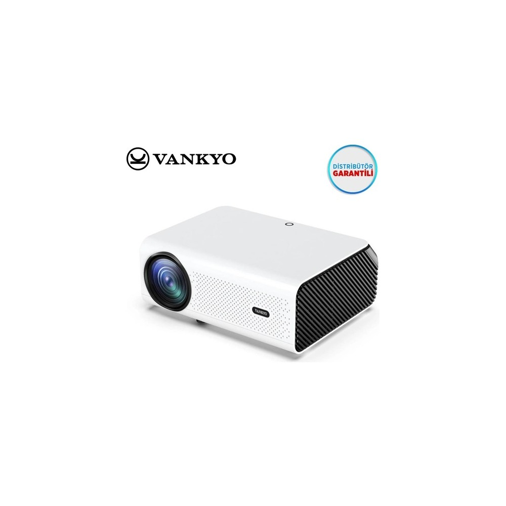 Siyah ızgara ve lense sahip beyaz bir Vankyo projektör.