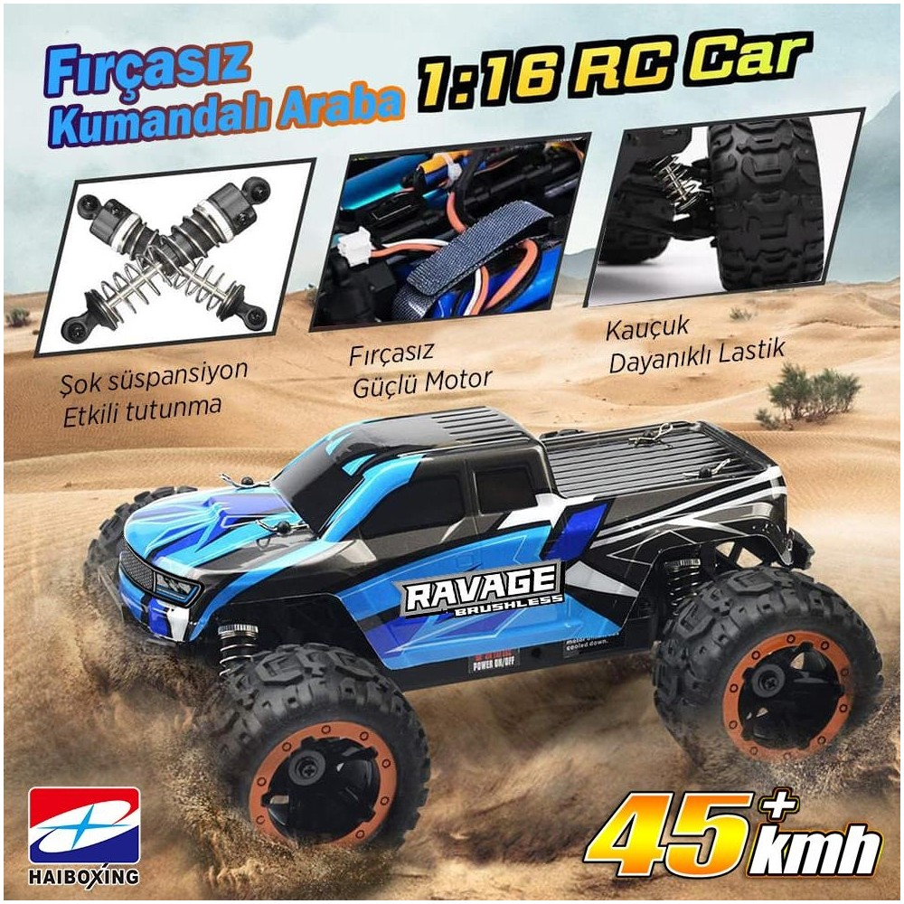 Mavi 1:16 RC araç, kumda arazi lastikleriyle, 45 km/sa.