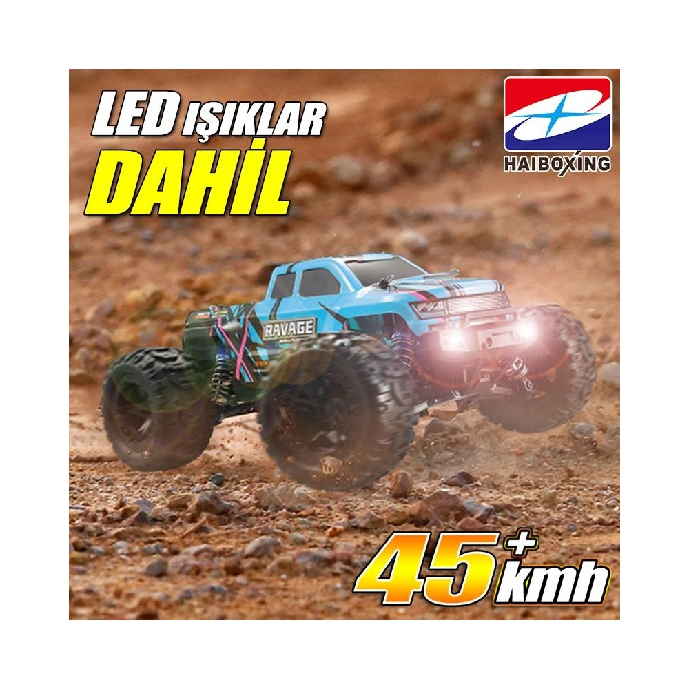 Mavi RC canavar kamyon kirli arazide gidiyor, LED ışıkları açık, 45 km/s.