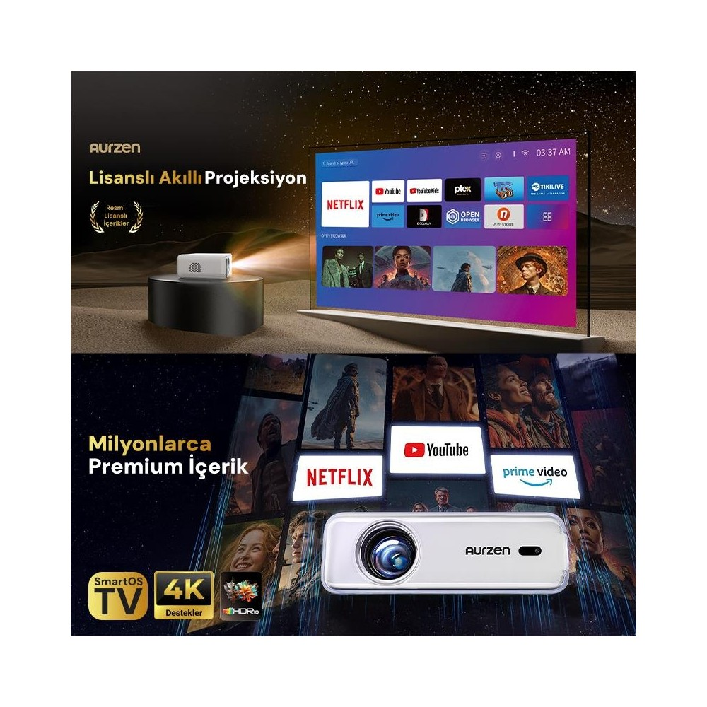 Aurzen projektör, akıllı TV'de yayın uygulamalarıyla görüntü yansıtıyor. Altta daha fazla uygulama logosu.