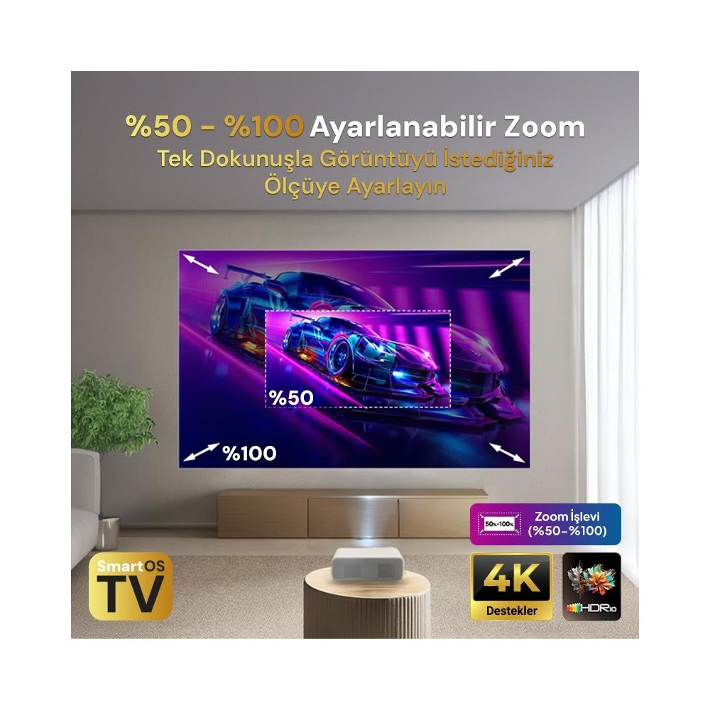 Projektör, SmartOS 4K HDR10 destekli, %50-100 zoomlu araba görüntüsü sunar.