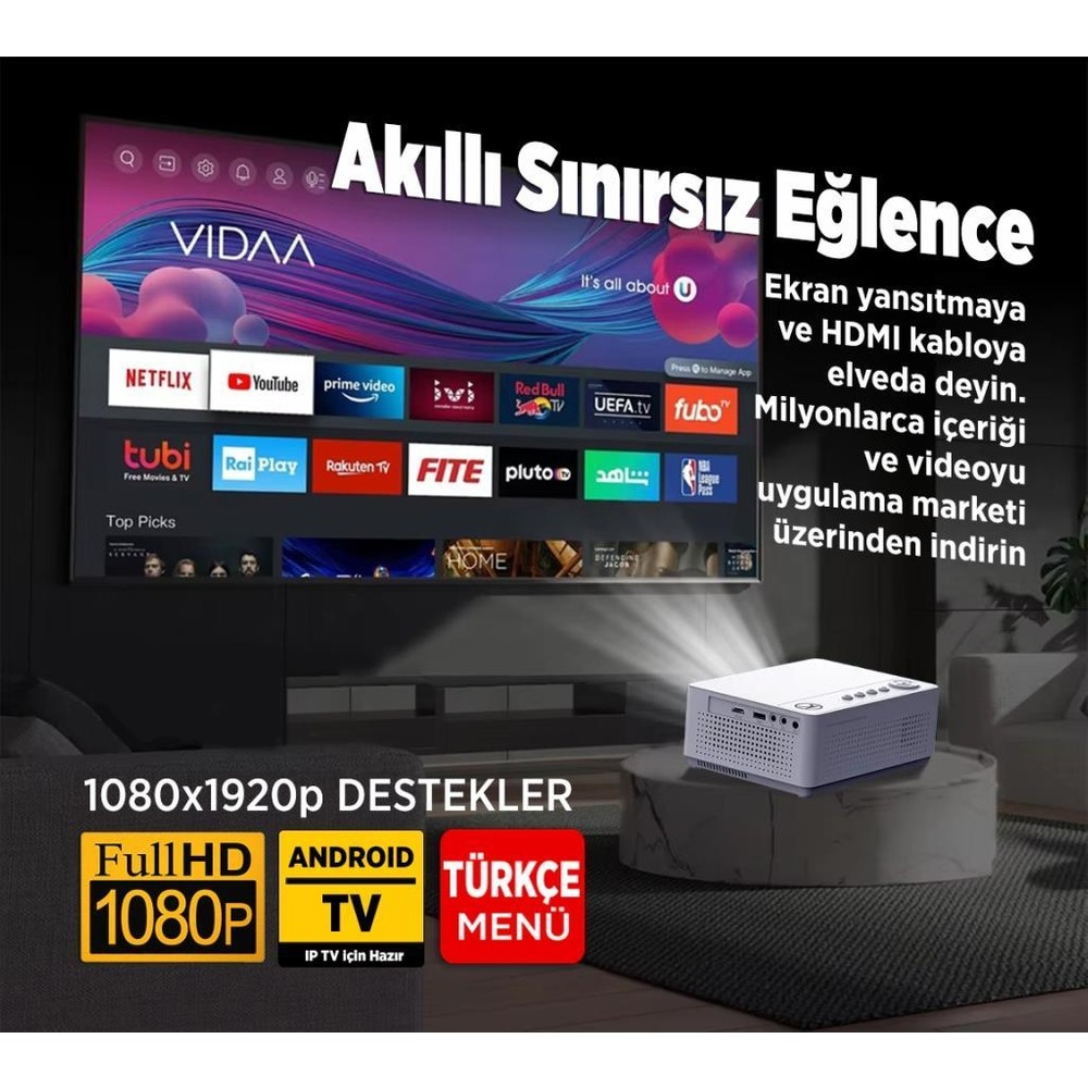 Uygulama simgeleri gösteren akıllı TV'nin yanında modern bir projektör.