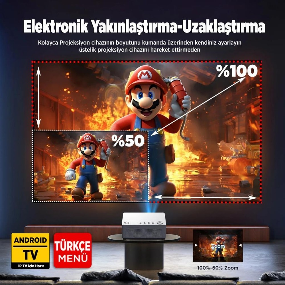 Mario karakteri büyük (%100) ve küçük (%50) olarak yansıtılıyor.