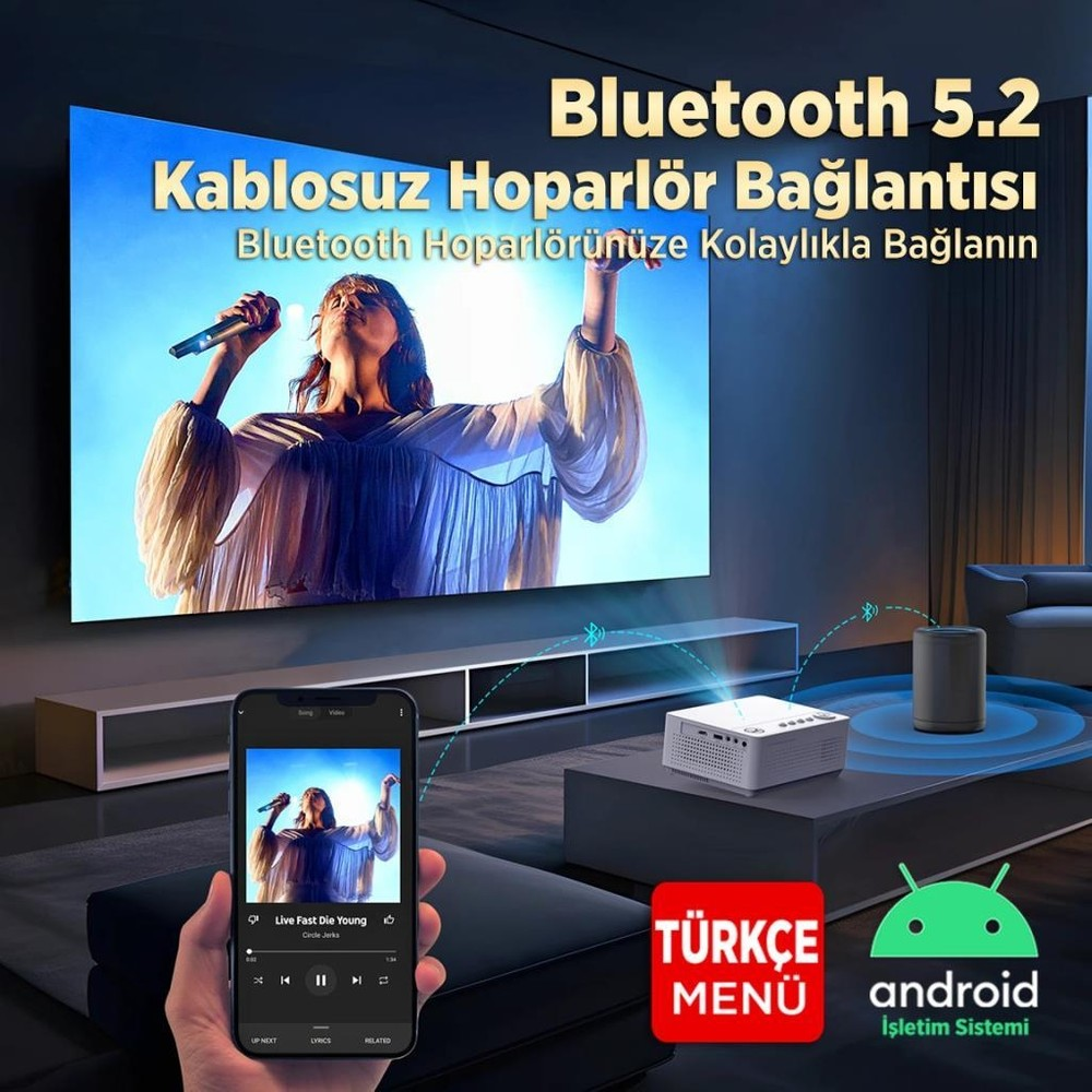 Telefon müzik gösteriyor, projektör ekrana görüntü yansıtıyor. Bluetooth 5.2.