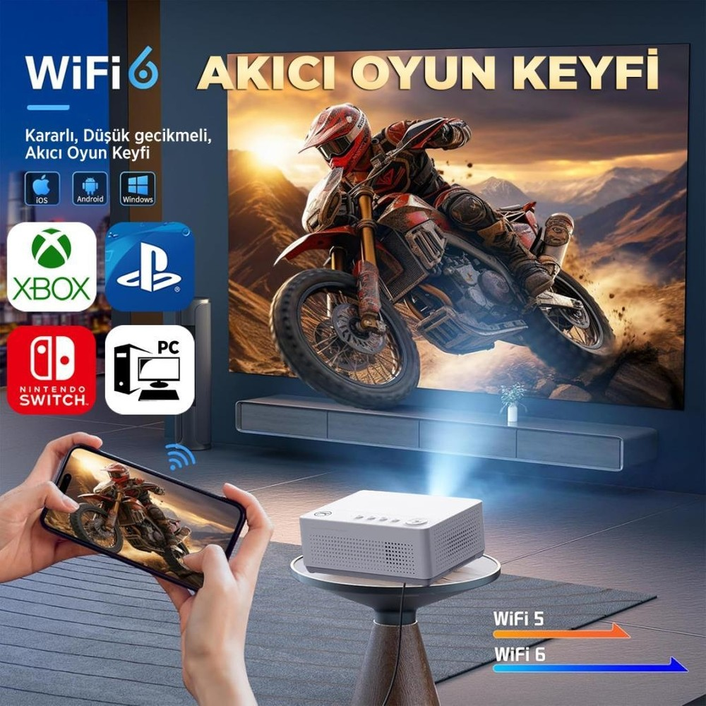 Projektör ekranda motosiklet yarışı gösteriyor. Akıllı telefon aynı oyunu gösteriyor.