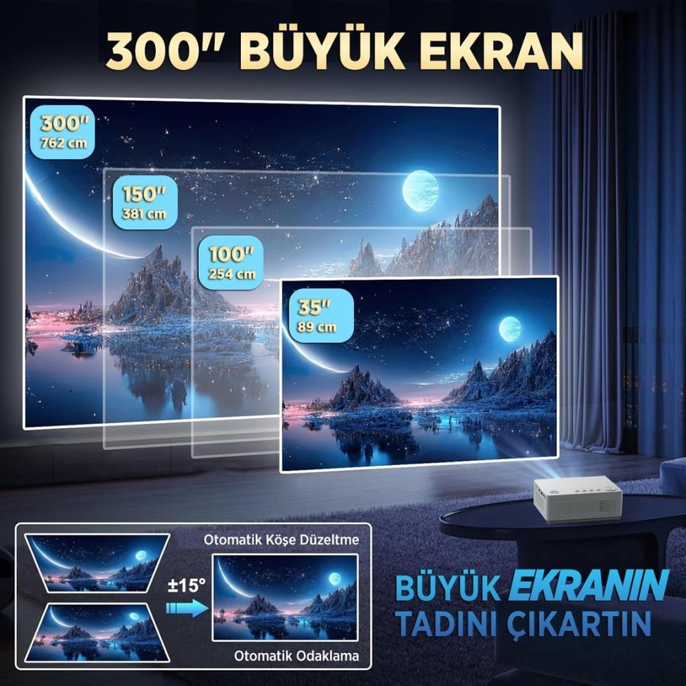 Projektör, manzara ve ay içeren büyük ekranı gösteriyor. Boyut bilgileri.