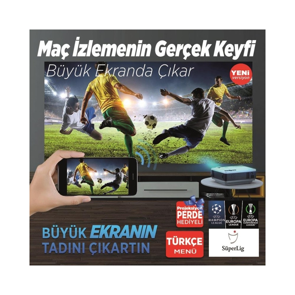 Telefon yayını, projektör ve logolarla büyük ekranda futbol maçı.