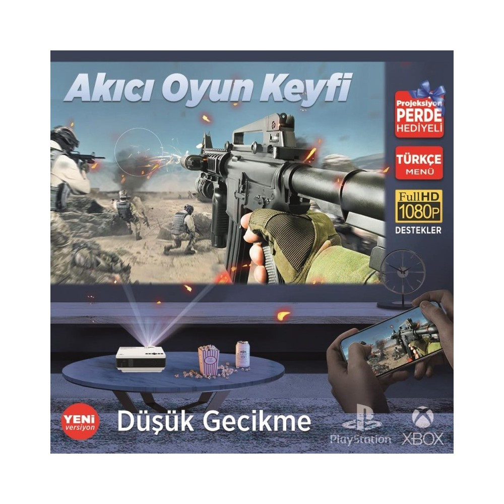 Projeksiyon, asker ve silahların olduğu bir savaş oyunu gösteriyor. Telefon ve atıştırmalıklar.