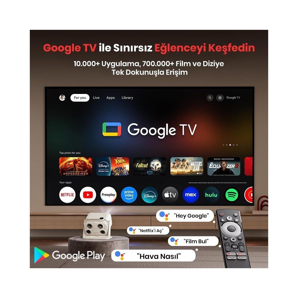 Google TV: Uygulamalar, filmler ve diziler içeren TV arayüzü. Kumanda ve projektör dahil.