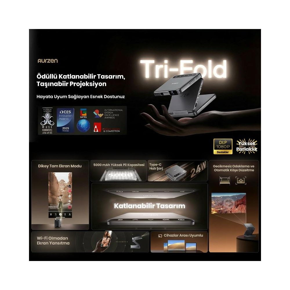 Katlanabilir tasarımlı Aurzen Tri-Fold projektör, 1080P, 5000mAh pil.