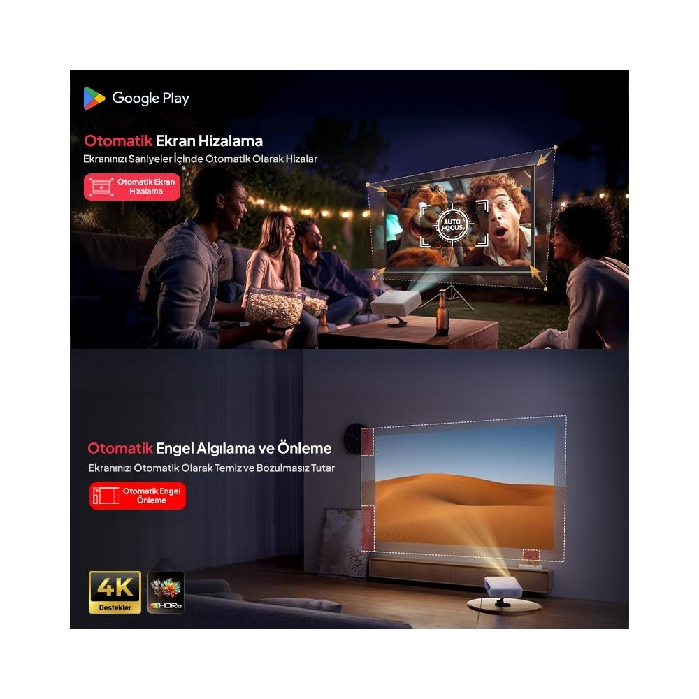 Projektör otomatik hizalanır ve engelleri algılar. 4K ve HDR destekler.