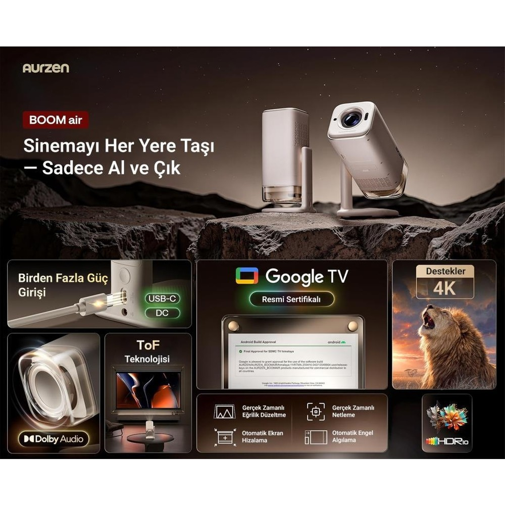 Aurzen BOOM air projektör Google TV, 4K, HDR10, Dolby Audio, USB-C, DC, ToF ile.