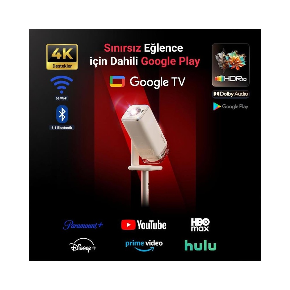 Google TV, 4K, HDR10 ve Dolby Audio özellikli beyaz projektör. Altta yayın logoları.