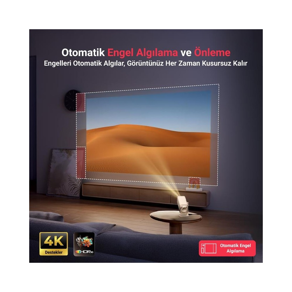 Projektör bir çöl manzara resmini ekrana yansıtıyor. 4K HDR.
