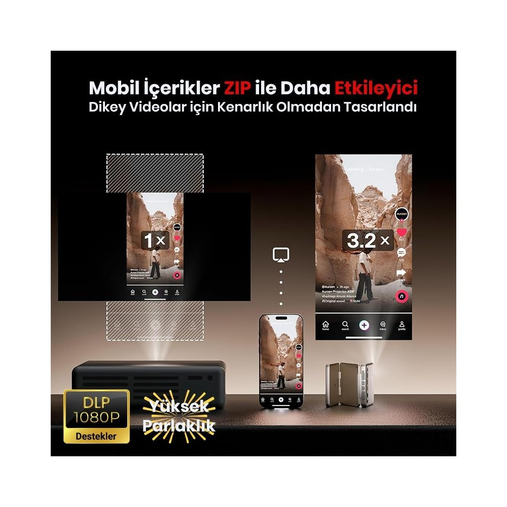 Projektör, akıllı telefon ekranında iki dikey video gösterir.