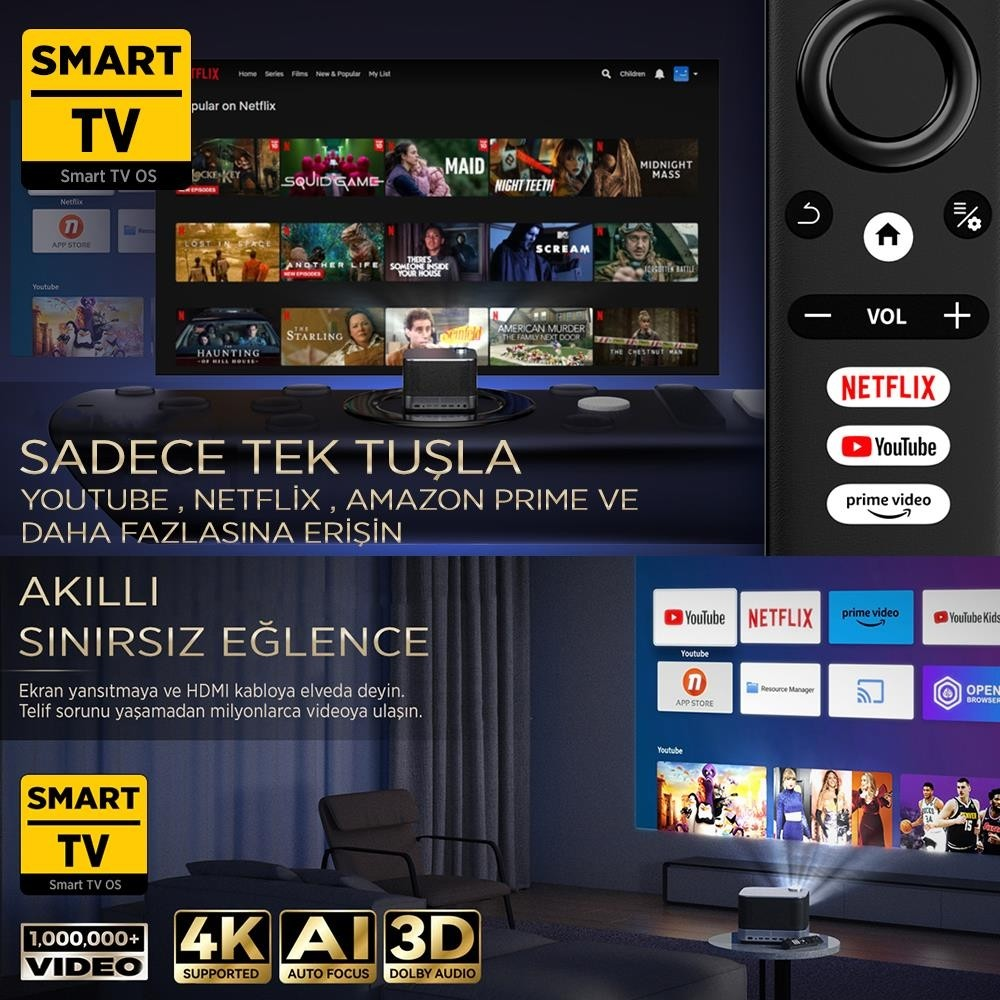 Uygulamalar, uzaktan kumanda, projektör ve Türkçe metin içeren Smart TV arayüzü.