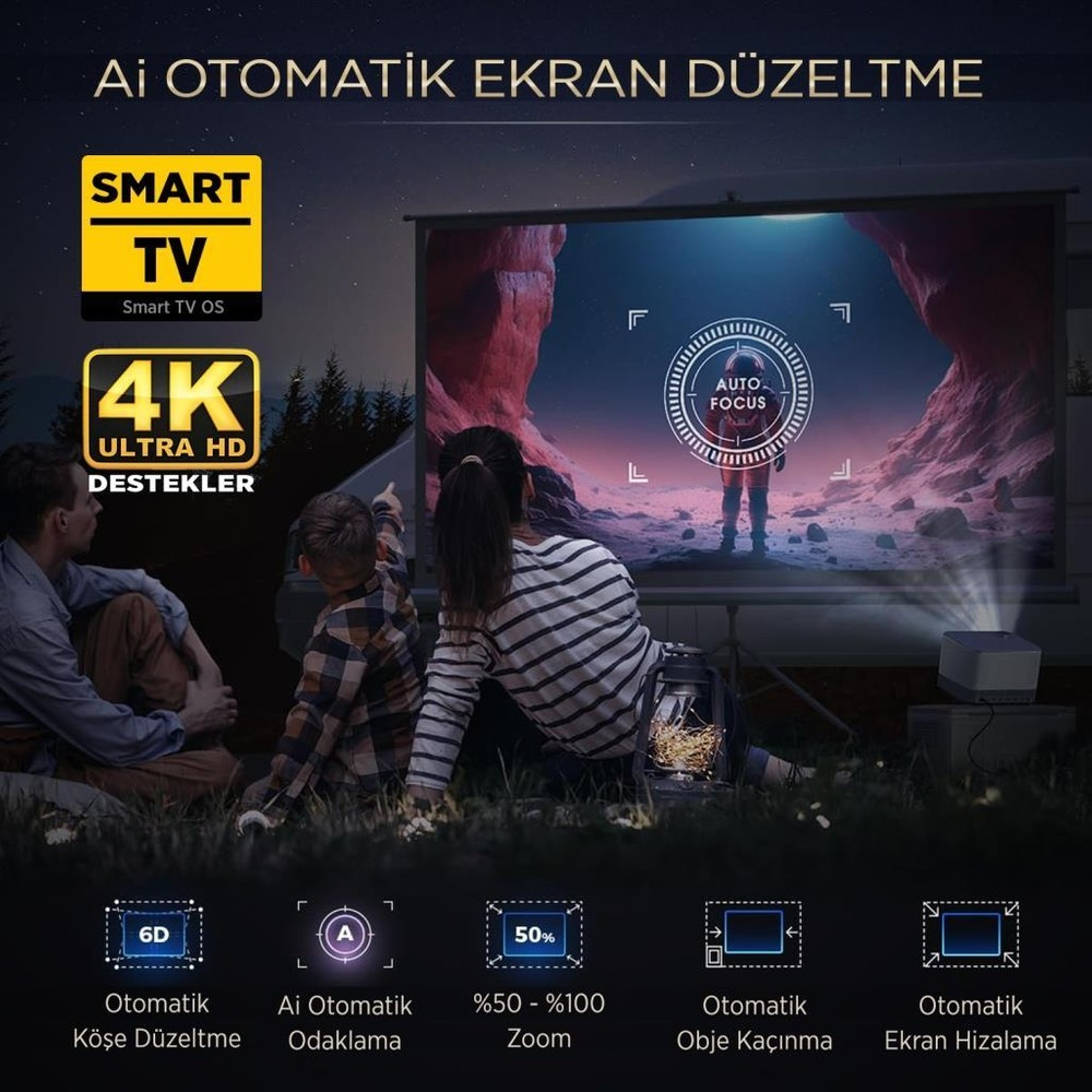 Aile, otomatik odaklama ve ekran düzeltme özellikli 4K projektör izliyor.