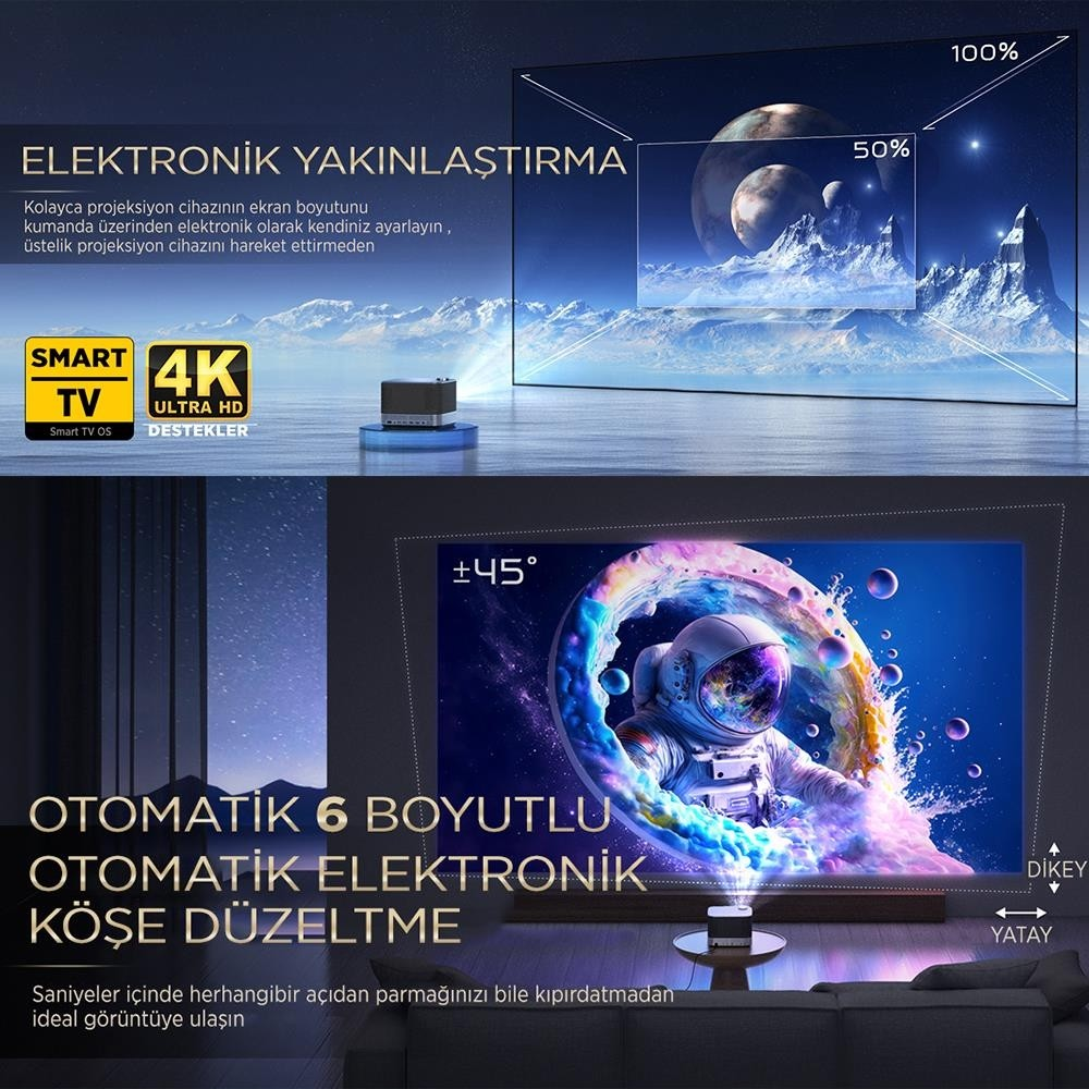 Projektör ekran boyutunu elektronik olarak ayarlar; uzayda astronot.