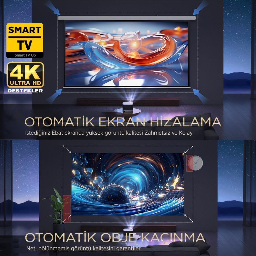 Projektör, otomatik hizalama ve obje kaçınma özellikli ekrana 4K görüntüler yansıtır.